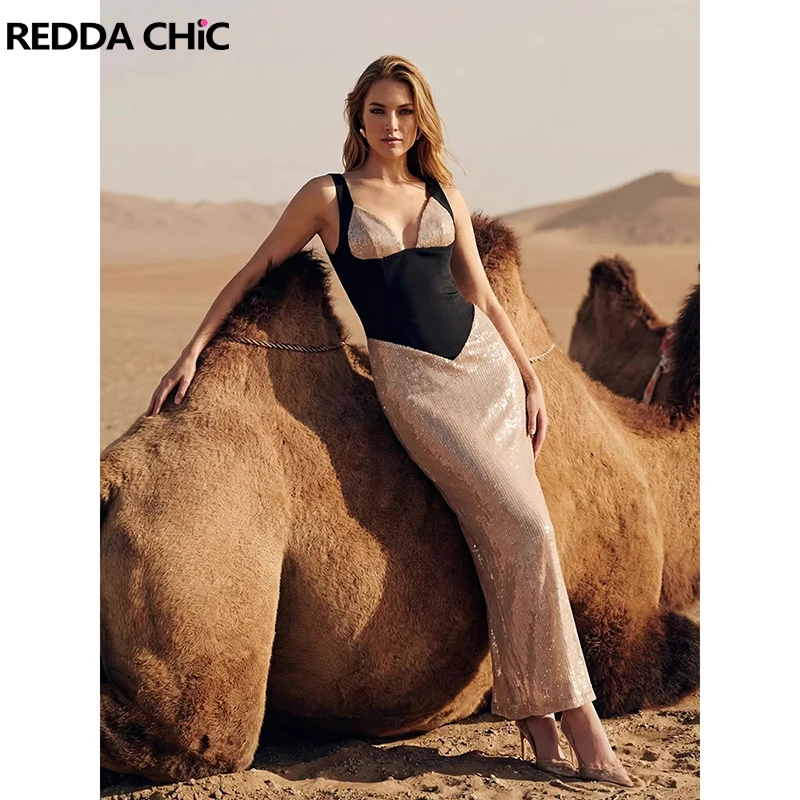 

Вечернее платье ReddaChic с блестками, винтажное, с контрастной отделкой, V-образным вырезом, корсетное, приталенное, макси, облегающее, для вечеринок, сексуальная женская одежда