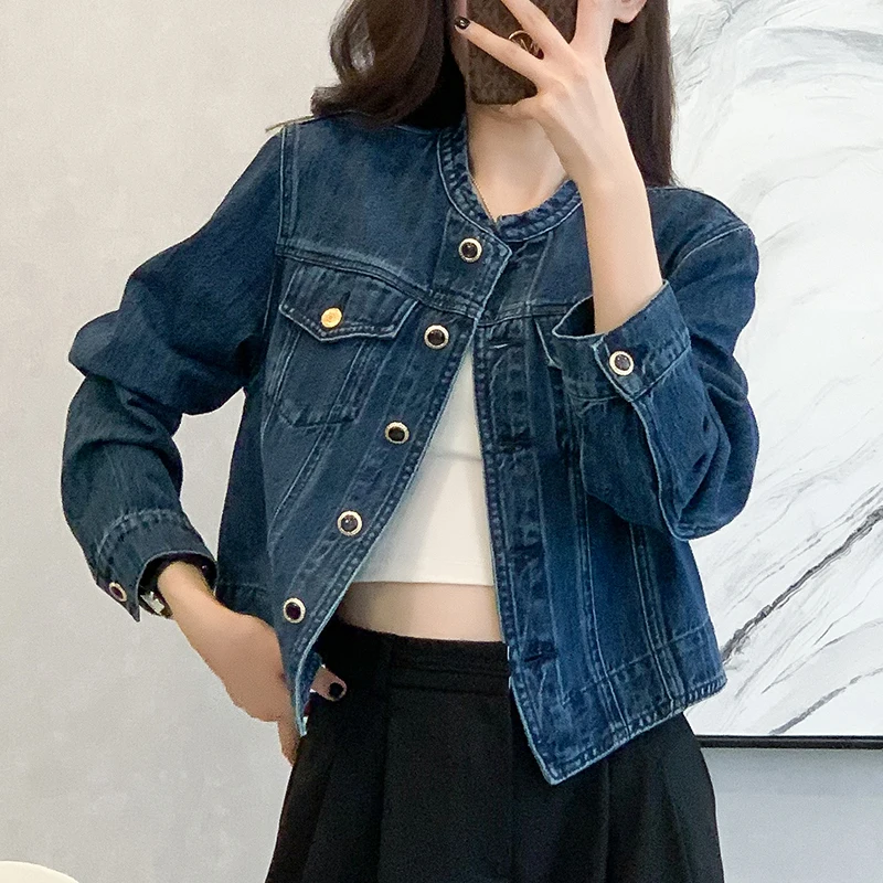 Vintage Women's O-Neck Denim Jacket Cropped Denim Jacket Long Sleeve Basic Single-Breasted Crop Jean Jacket Y2K Casual Coat Girl