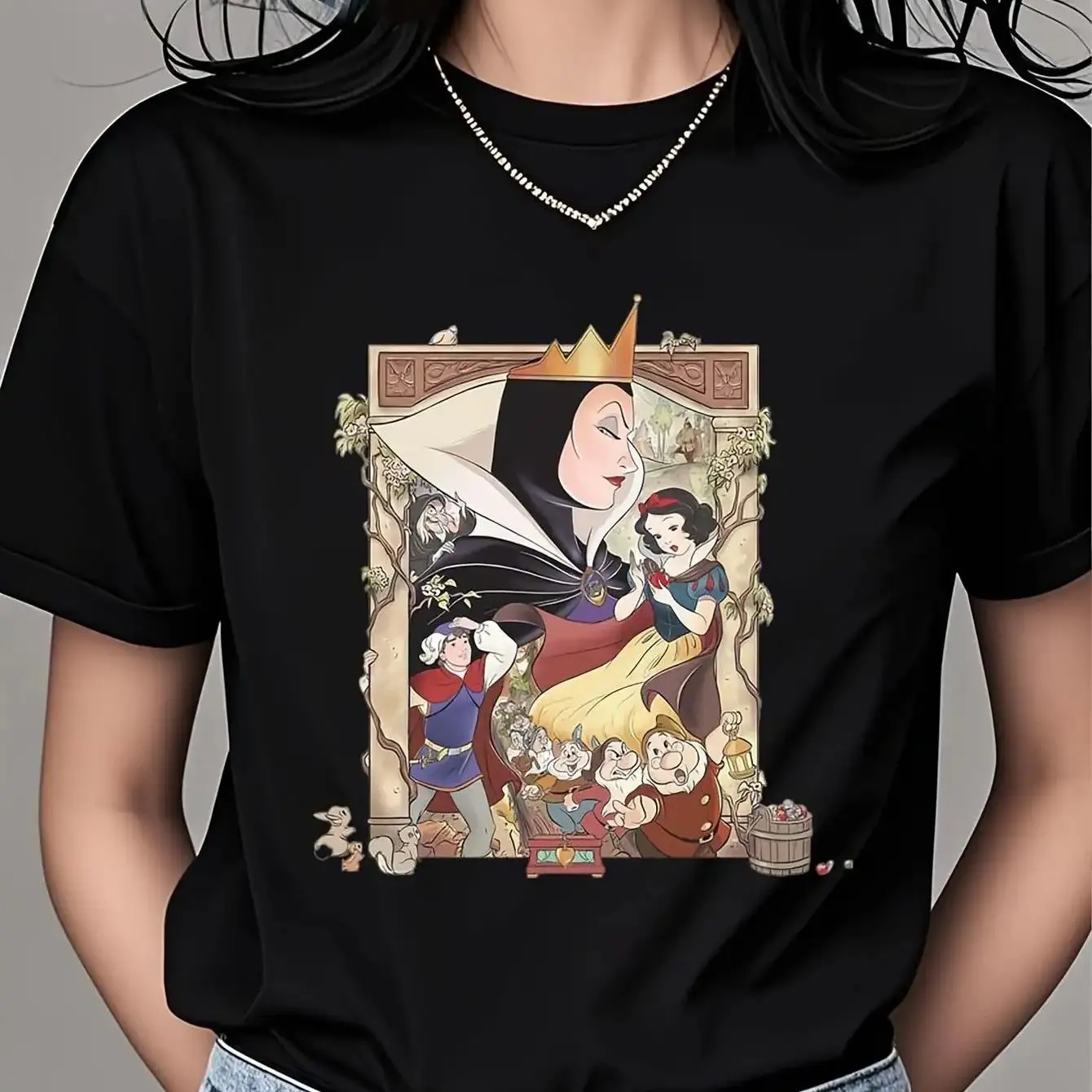 

Футболка «Белоснежка и семь гномов» — красочный принт персонажей Белоснежки и гномов, круглый вырез, машинная стирка