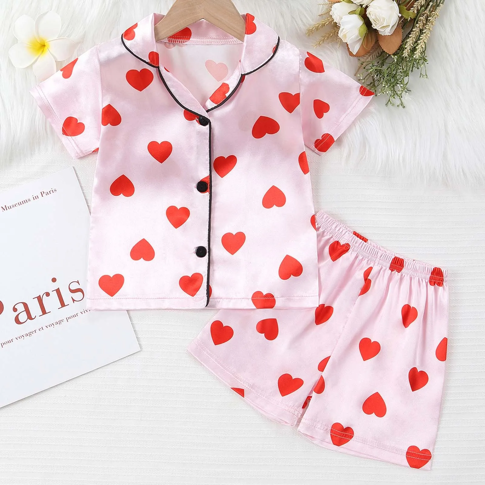 1-6Y Kid Girls Satin Pajamas Set Heart Print Valentine's Day Pajamas Sleepwear Valentine Satin Pjs Sleepwear Homewear Loungewear