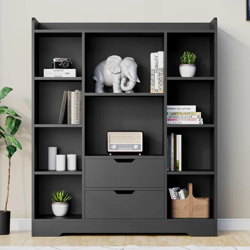 

Black Bookshelf,4-Tier Open Shelf Bookcase with 2 Drawers and 10 Cubes,Wood Cube Storage Organizer Shelf for Bedroom,Living Room