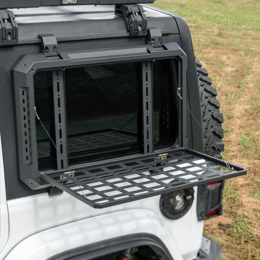 Rear Side Window MOLLE Panel / Fold-Out Camping Table for 2018-2026 Jeep Wrangler JL 4-Door, Steel Cargo Storage Rack , OMU029