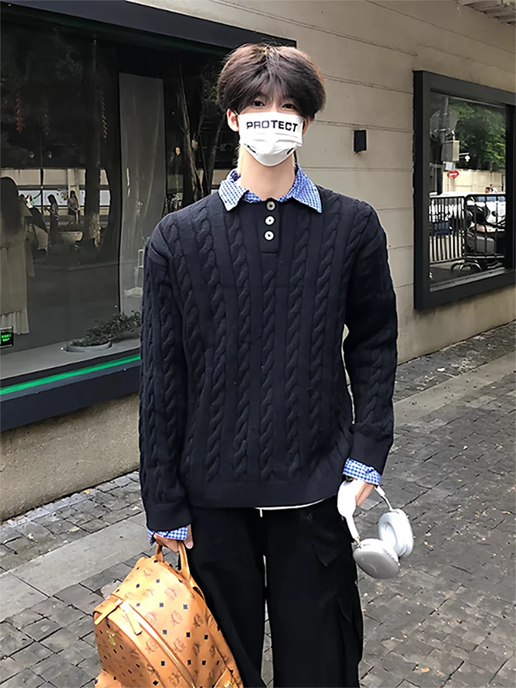 

American Retro Fake Two-Piece Knitwear Men's Autumn Winter Twist Design Collar Jaet Old Money Sle oulder Outerwear