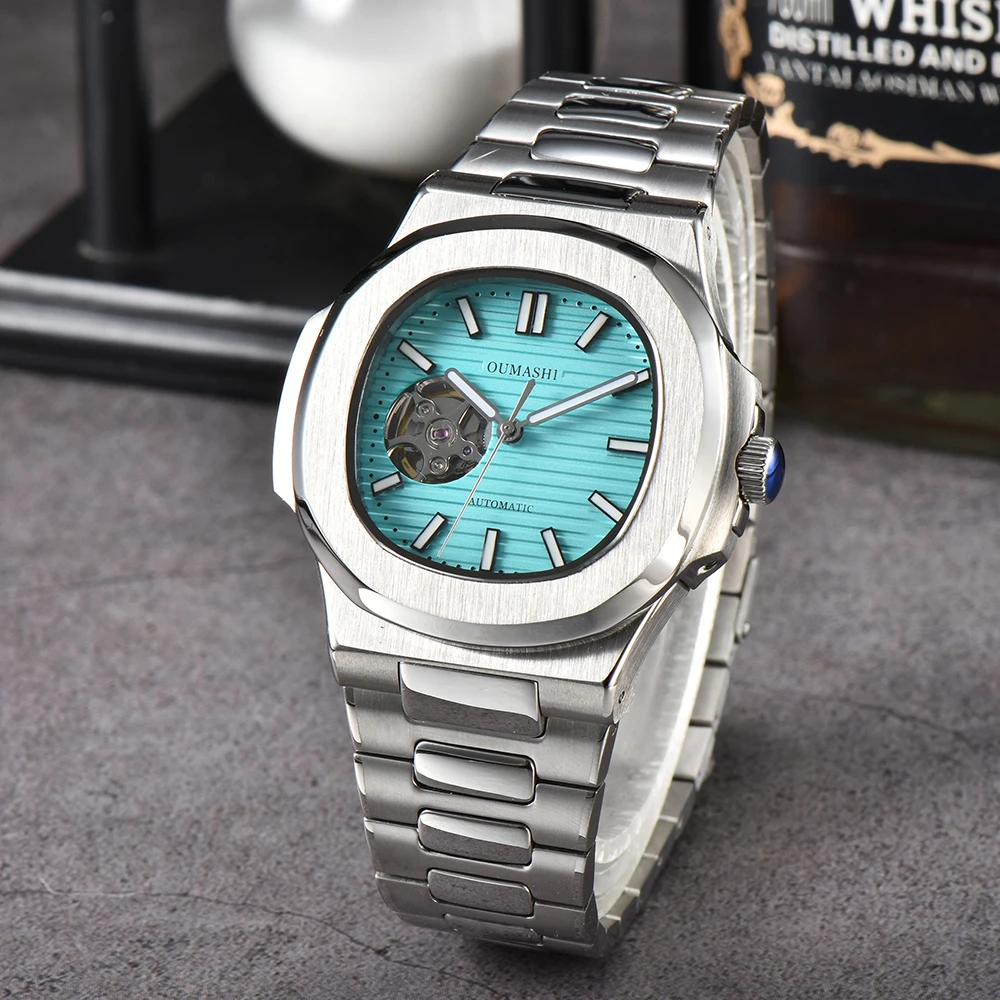 OUMASHI 41mm Men's Watch NH38 Automatic Watch Mechanical Hollow Out Dial Sapphire Glass Stainless Steel Waterproof Watch