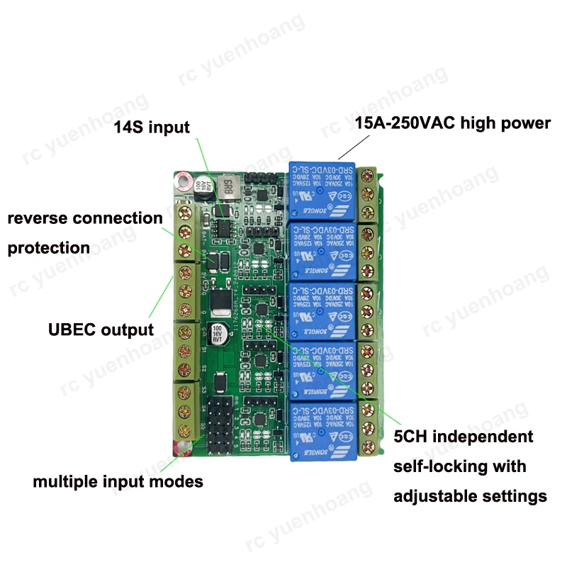 1PCS 5CH Remote Control Relay Switch PWM Control On-off Support 3S-14S Input 5V 3A UBEC Output 15A Large Current for RC Drone