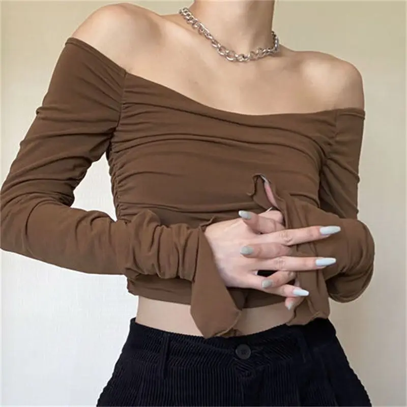 Sexy Slash Neck Slim Short T Shirts Spring Autumn New Long Sleeve Solid All-match Bottoming Tops Fashion Trend Women Clothing