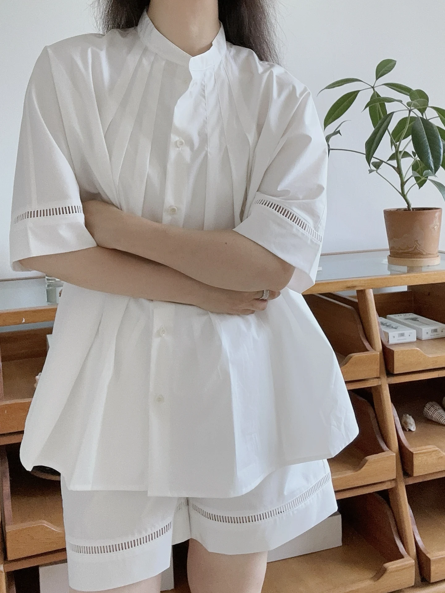 

Женская свободная рубашка с коротким рукавом и воротником-стойкой, приталенная, летняя, для повседневной носки, из хлопка, в стиле кэжуал