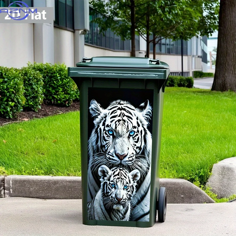2D Flat White Tiger Mother and Cub Bond Trash Can Sticker – Waterproof, Majestic and Heart-Touching, Wildlife-Themed, Bin Deco