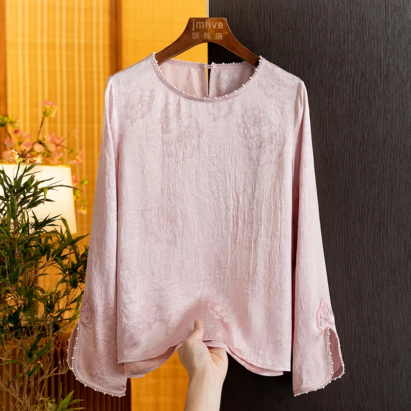 New Chinese-Style Acetate Jacquard Simple Versatile Round-Neck Blouse for Women, 2026 Autumn New Fashion Elegant and Stylish Top