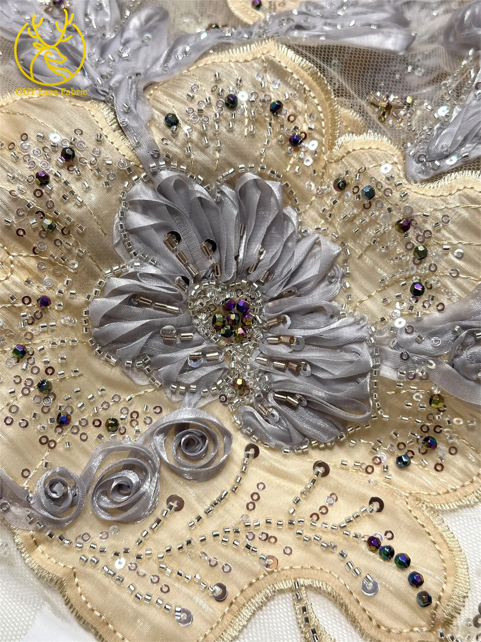 Marineblauer, wunderschöner afrikanischer Spitzenstoff mit Perlen und Pailletten, 3D-Blume, nigerianischer hochwertiger Tüll-Mesh-Spitzenstoff für Ballkleider, 5Y – Detail 27