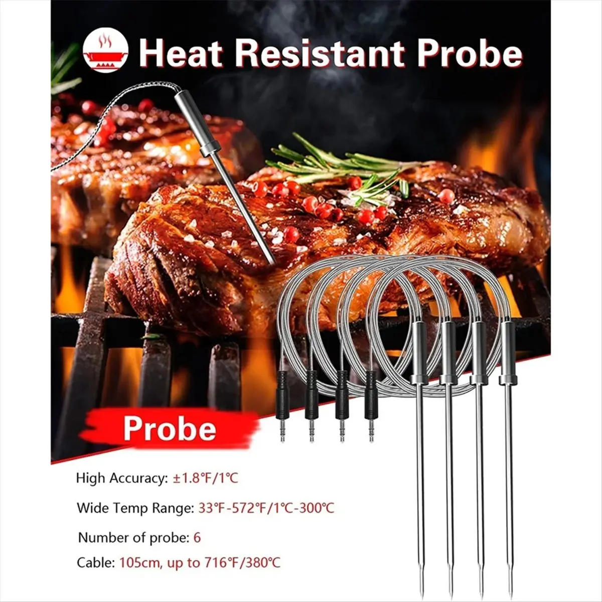 AT54 Bluetooth Meat Food Thermometer Wireless Digital Grill Kitchen Thermometer with 4 Probes for BBQ Smoker Oven Cooking