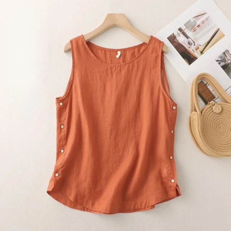 Casual Cotton Linen Vest Women's Summer Loose Simple Orange Tank Top O-Neck Side Button Design Solid Pullover Sleeveless T-shirt