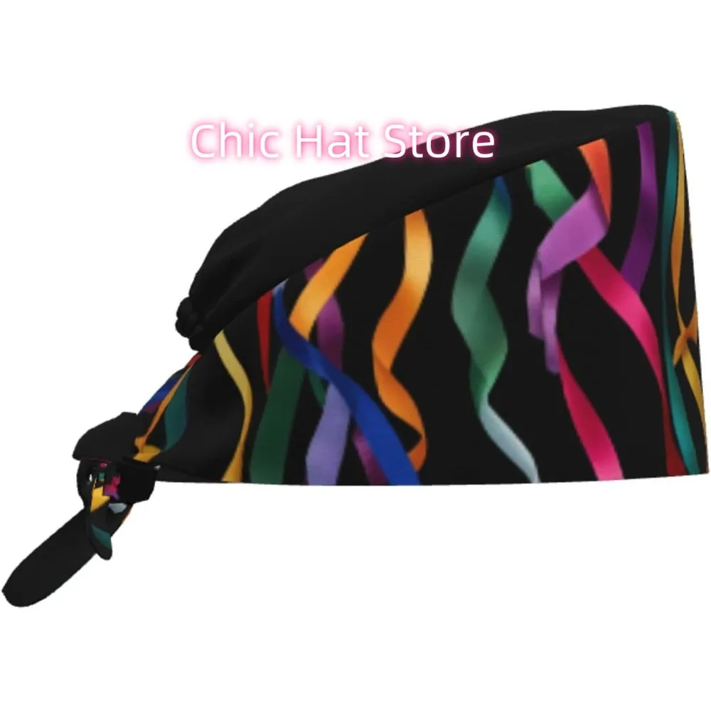 

Breathable Work Hat Colorful Falling Ribbons Printing for Chef, Nursing, Spa, Facial Care, Fitness Black
