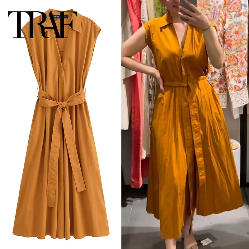 TRAF 2024 Belt Shirt Dress Woman Sleeveless Long Dress Women Summer Midi Casual Holiday Dresses Ruched Women\'s Elegant Dresses