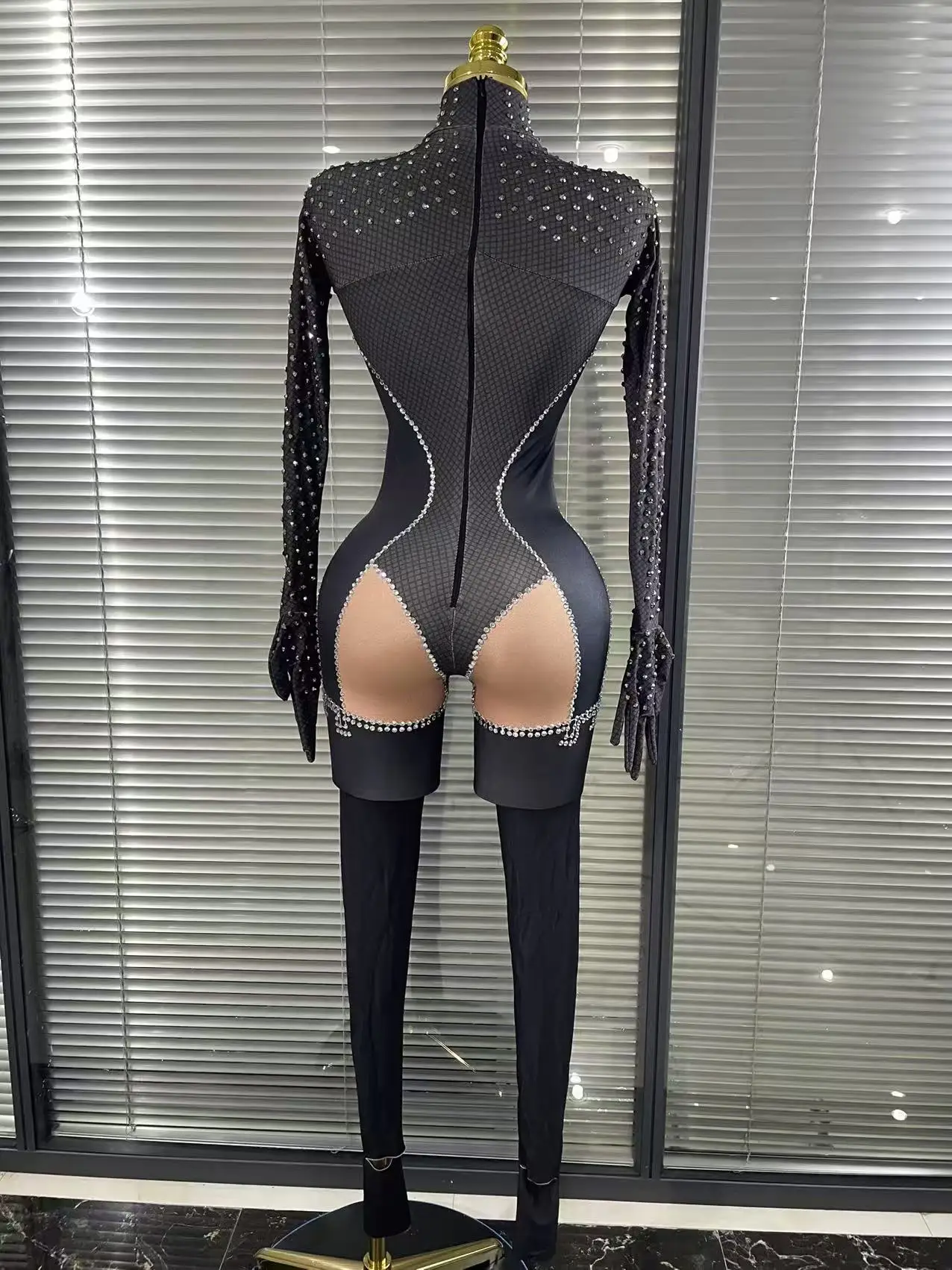 عالية تمتد المرأة طويلة الأكمام التسلق الماس Bodycon بذلة طويلة نادي ليلة بار راقصة أداء زي المرحلة ارتداء