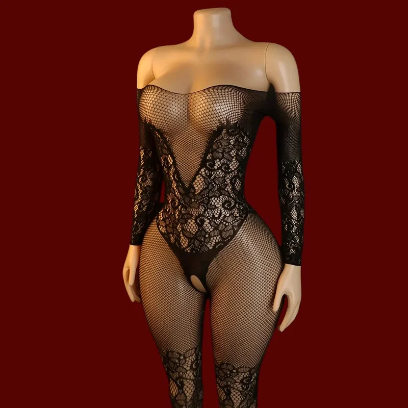 Fishnet Underwear Black Skin See Through Round Neck Long Sleeved Sexy Lingerie Bodysuit Women Open Crotch Bodystocking for Adult