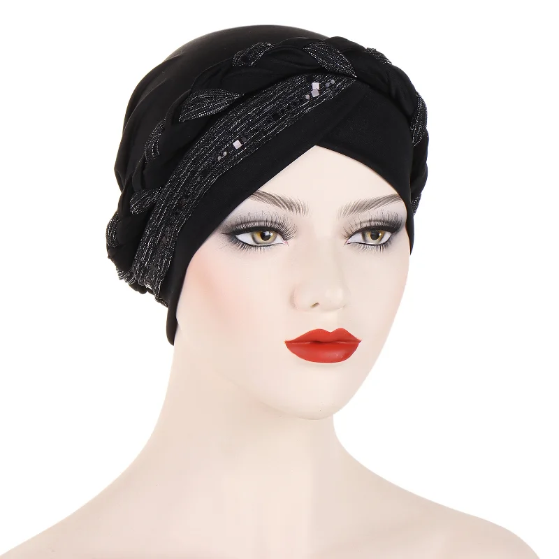 KepaHoo India Lurex Glitter Cross Braid Jersey Turban Hats Beanie Bonnet Canner Islamic Chemo Caps Solid Muslim Hair Loss Cover