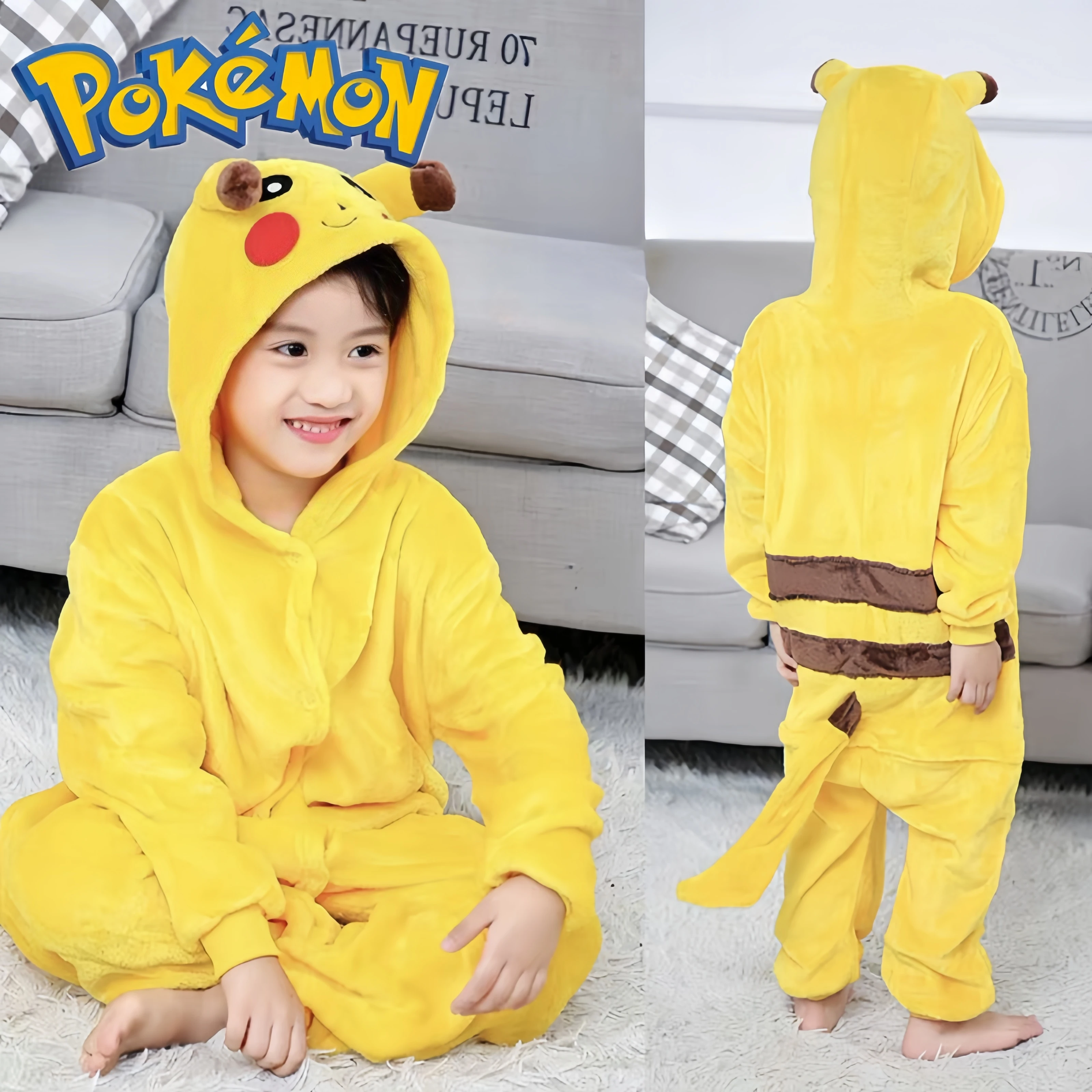 New Anime Pikachu Plush Flannel Pajamas Cartoon Pokemon Costume Suit Long Sleeved Winter Soft Warm Home Clothes Children Gift