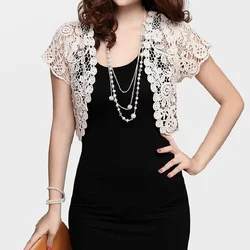 Women Short Sleeve Crochet Shrugs Hollow Out Flower Lace Open Front Cropped Cardigan Sunscreen Jacket Sport Running Vest