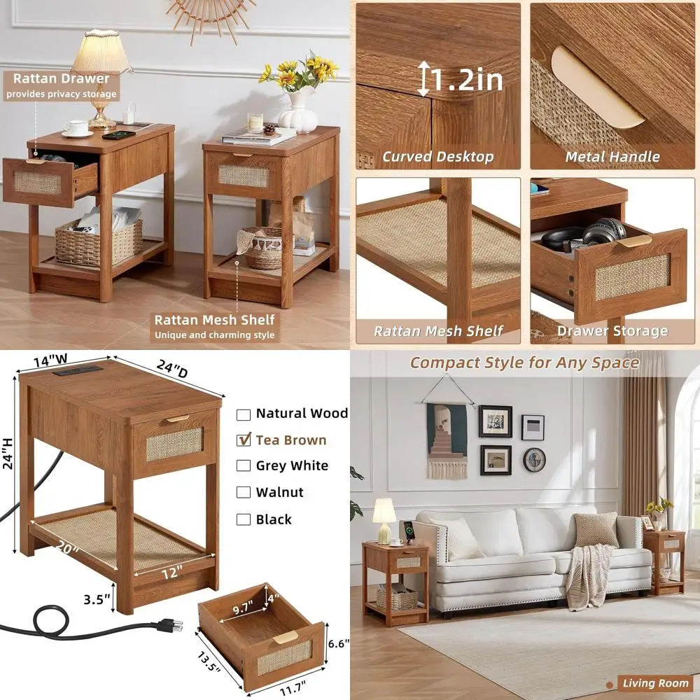 

Компактная прикроватная тумбочка для зарядной станции, тумбочка с ящиком в богемном стиле, приставной столик с полкой из ротанга для небольших помещений, деревянная прикроватная тумбочка