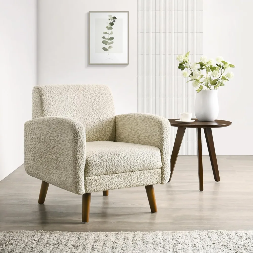 

Ultra Comfortable Accent Chair with Deep Seat, Mid-Century Modern Boucle Upholstered Armchair with Rubberwood, Minimal Assembly
