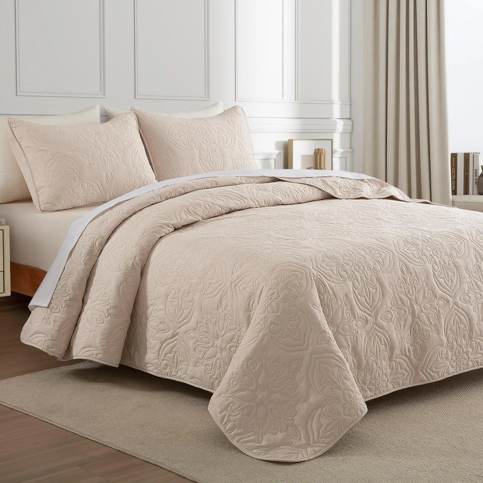 Vintage Damask Quilt Bedding Set Soft Microfiber Lightweight Reversible Bedspread All Season Ultrasonic Bed Cover with Pillow Shams for Bedroom Twin Queen King Cal King Size