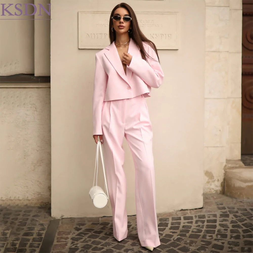 Cropped Style Pink Women's Suits Loose Fit One-Button Notch Lapel 2 Piece Jacket With Pleat Pants Set Formale Event Dinner Terno
