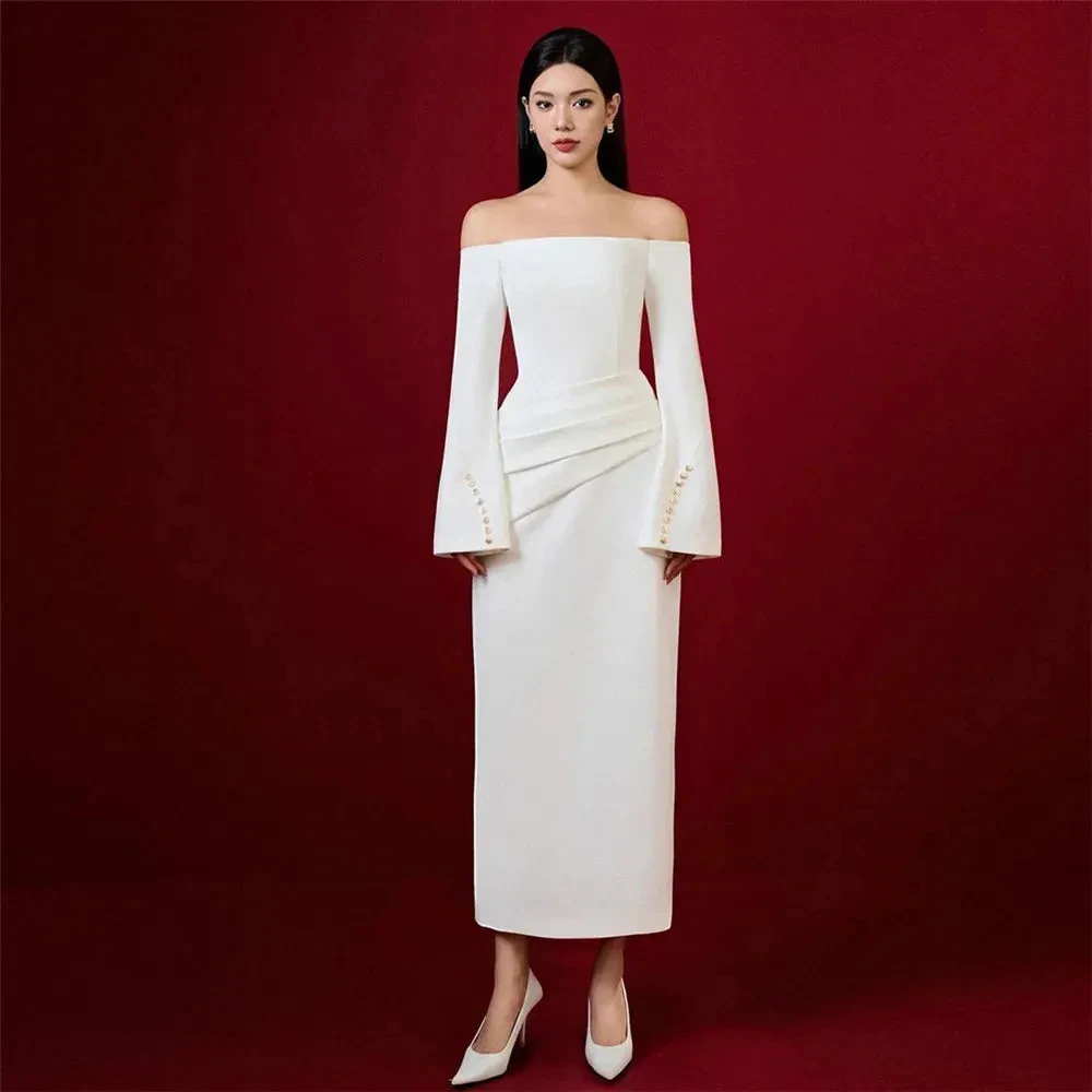 

White Strapless Evening Dresses 2025 Satin Long Sleeve Button Mermaid Ankle-Length Pleated Ruched Wedding Party Dress Customized