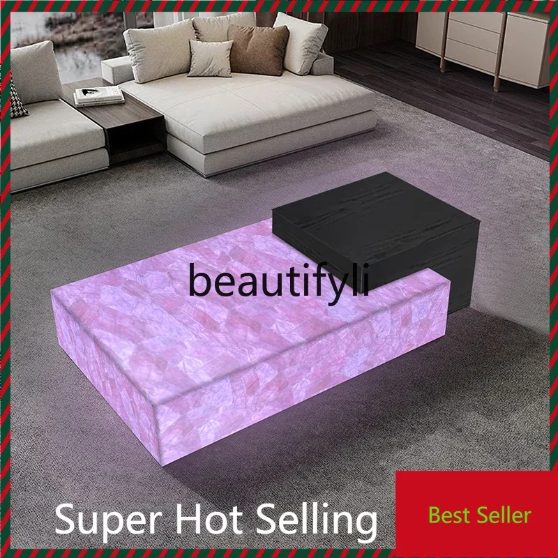Luminous jade coffee table solid wood large flat-floor villa high-end light luxury modern rectangular coffee table G1218