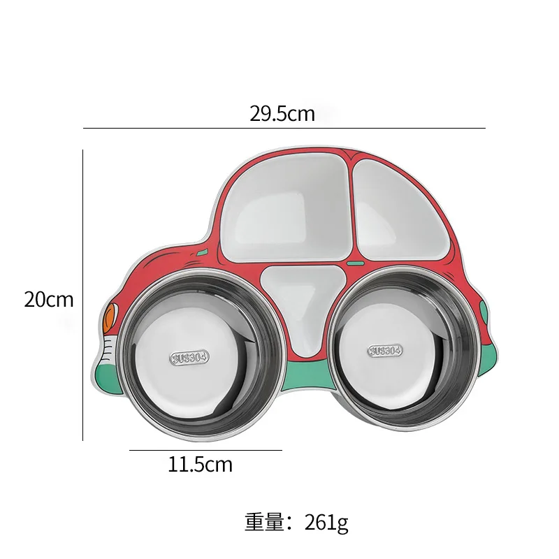 304 Stainless Steel Children\'s Car Plate Can Be Disassembled And Washed Baby Food Bowl Creative Cartoon Grid Plastic Plate Set