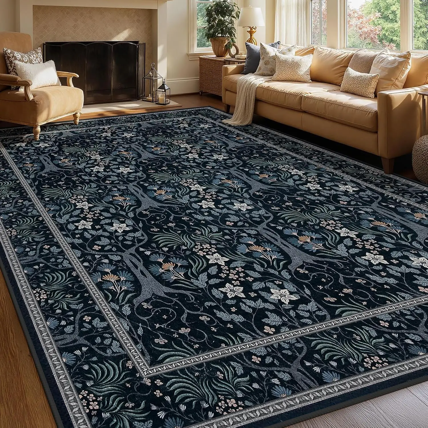 9x12 Extra Large Black Boho Tree Floral Area Rug Washable Non Slip Carpet for Living Room Farmhouse Bedroom Home Decor