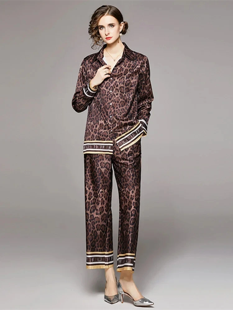 Leopard Print Silk Two Piece Sleepwear Suit Women\'s Long Sleeve Oversized Shirt Blouse Wide Leg Pants Loungewear Set Outfits