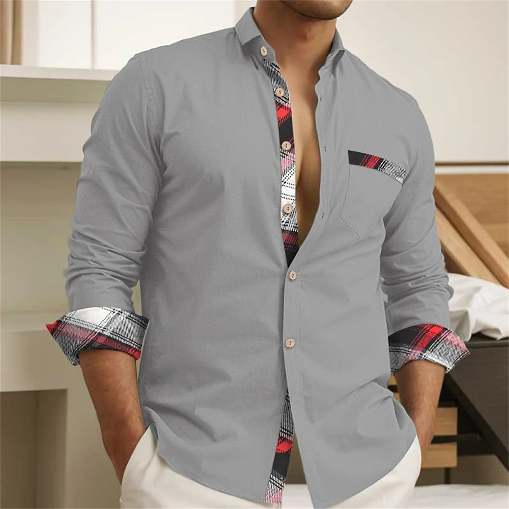 2024 New Men\'s Button Up Shirt Pink White Long sleeved Lapel Daily Vacation Pocket Casual Comfortable Top Plus Size S-6XL