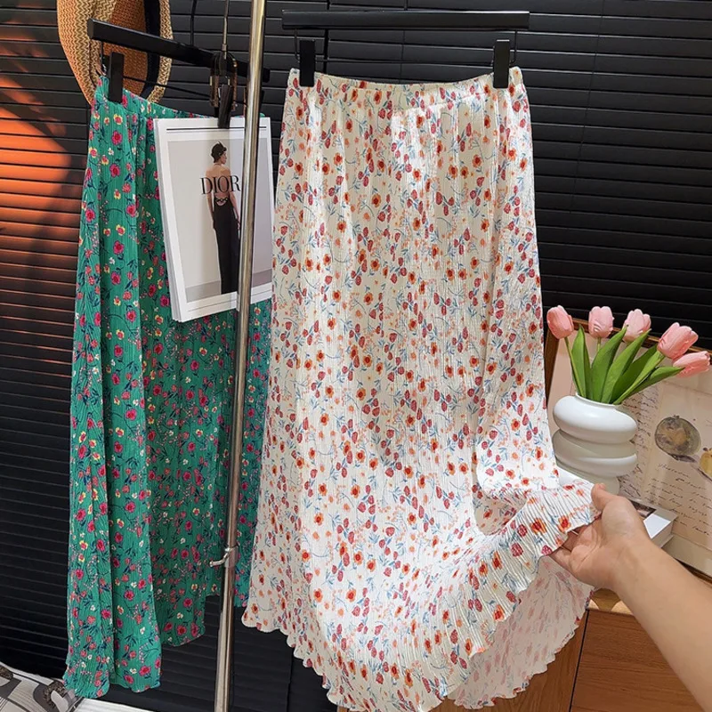 

Skirt Casual Sweet High Waist Fashion Elegant Office Lady Vintage All-Match Floral Print Elastic Waist A-line Skirt New