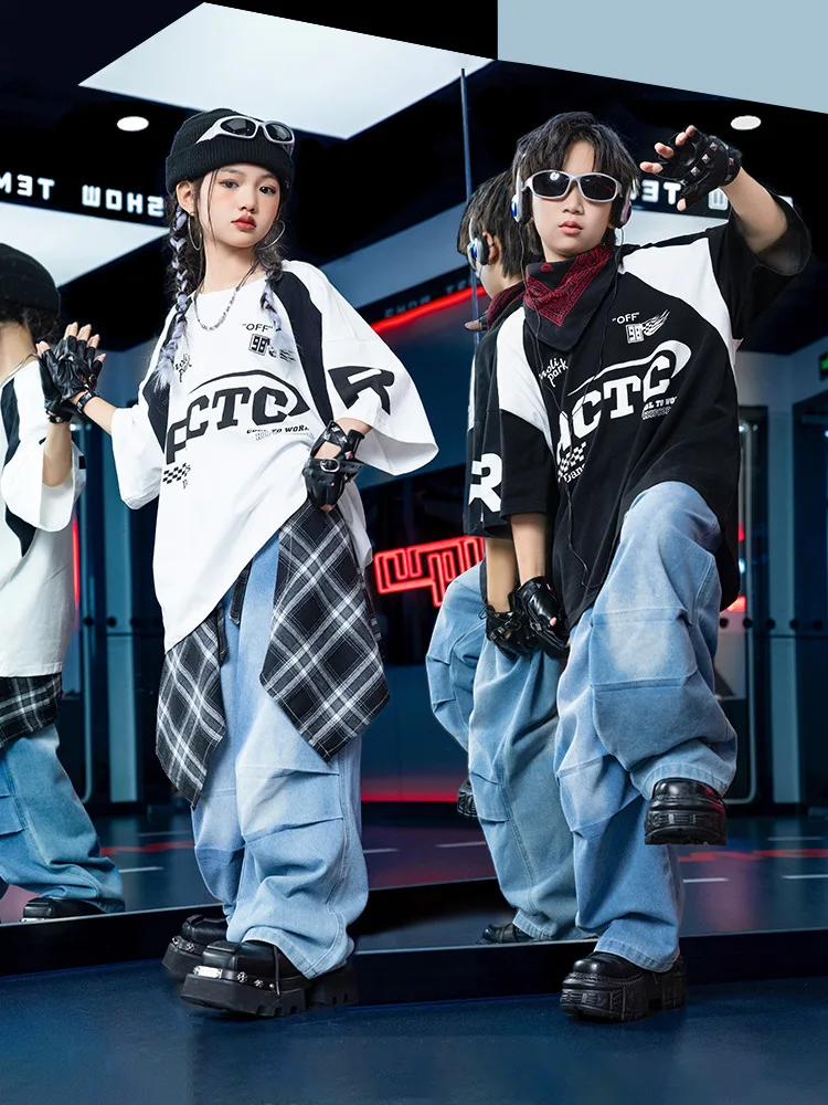 Girl Hip Hop Clothing White Tops Black T-shirt Blue Jeans Pants for Jazz Dance Kid Costume Clothes