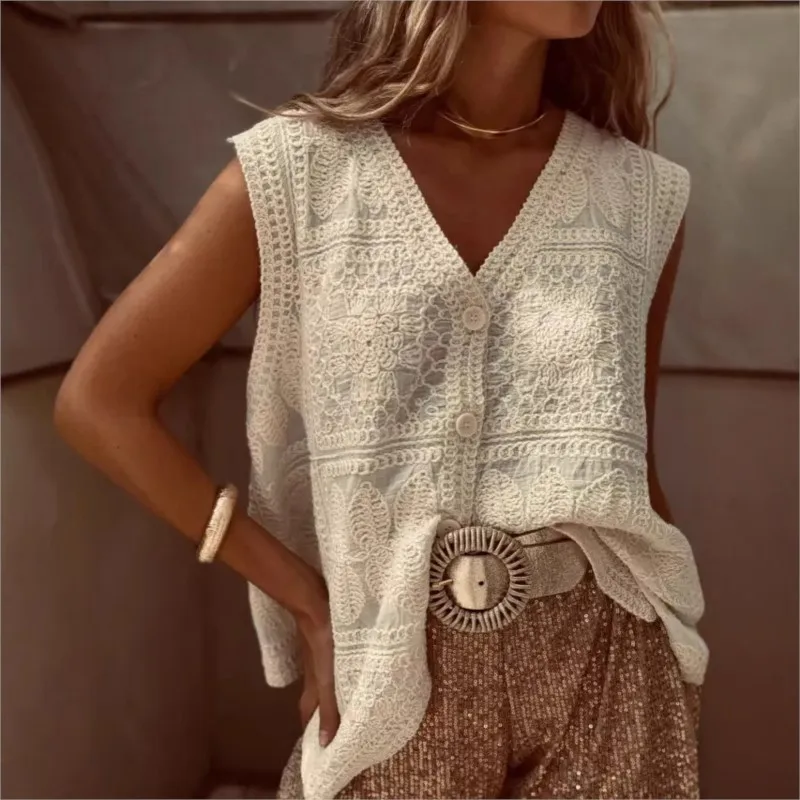 

Literary Style Beige Loose Casual Women Vest 2025 Summer New Sleeveless V-neck Single Breasted Lace Texture Crochet Tops