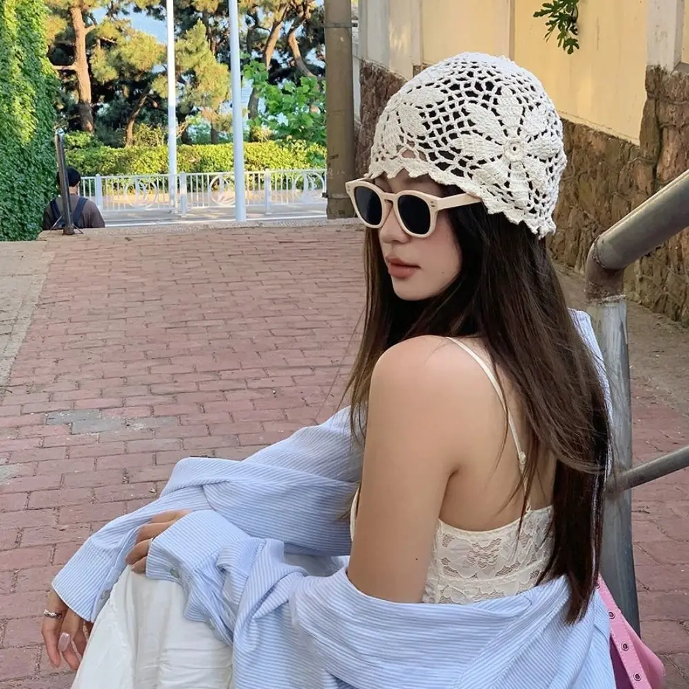 الرجعية اليدوية زهرة كروشيه قبعة البوهيمي نمط الكورية قبعة صغيرة رقيقة العرقية نمط نسج قبعة الربيع والصيف
