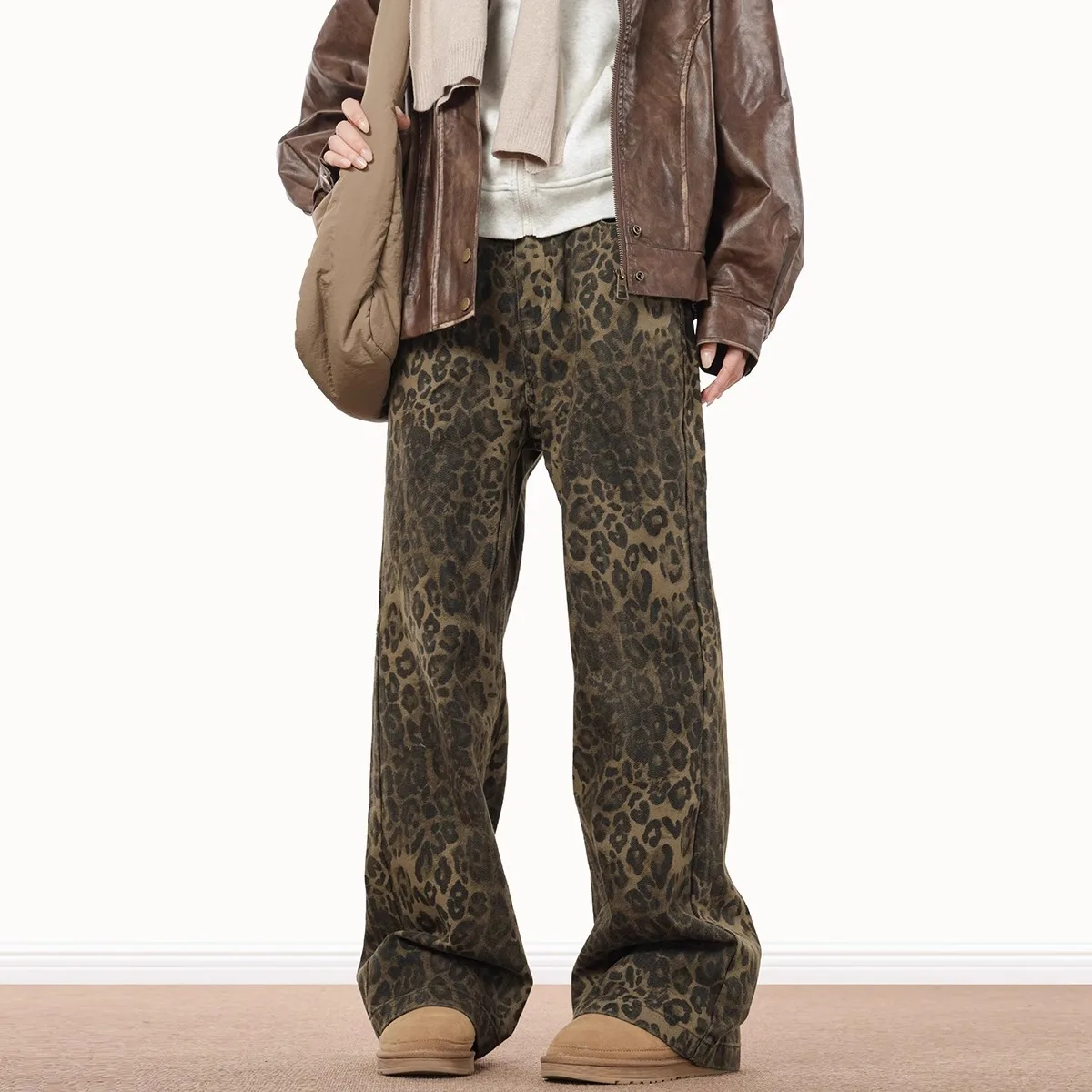 

Мужские свободные джинсы в стиле ретро в стиле хип-хоп с леопардовым принтом, прямые джинсы в стиле хип-хоп в американском стиле, брюки
