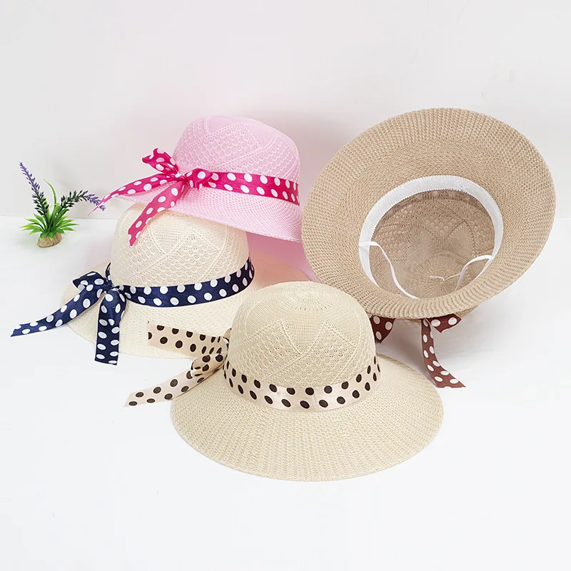 Topi pantai tepi lebar wanita, topi jerami dapat dilipat untuk perjalanan tepi pantai perempuan perlindungan UV musim panas