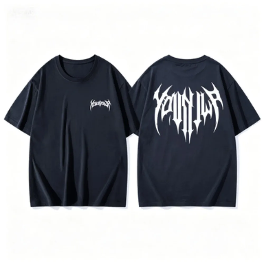 Gothic Metal Sharp Font Front Back Double Side Print Men Loose Fit Cotton T Shirt Punk Streetwear Casual Short Sleeve Tee