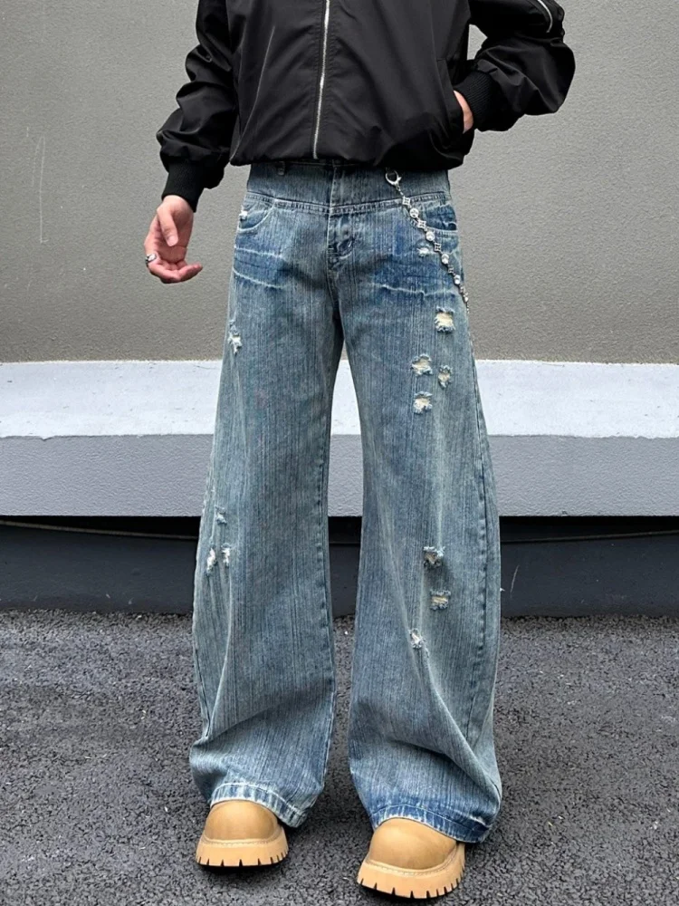 

2024 Trashy Y2K Уличная одежда, потертые синие мешковатые рваные джинсы, брюки для мужчин, винтажная одежда 90-х годов, прямые джинсовые брюки Ropa Hombre