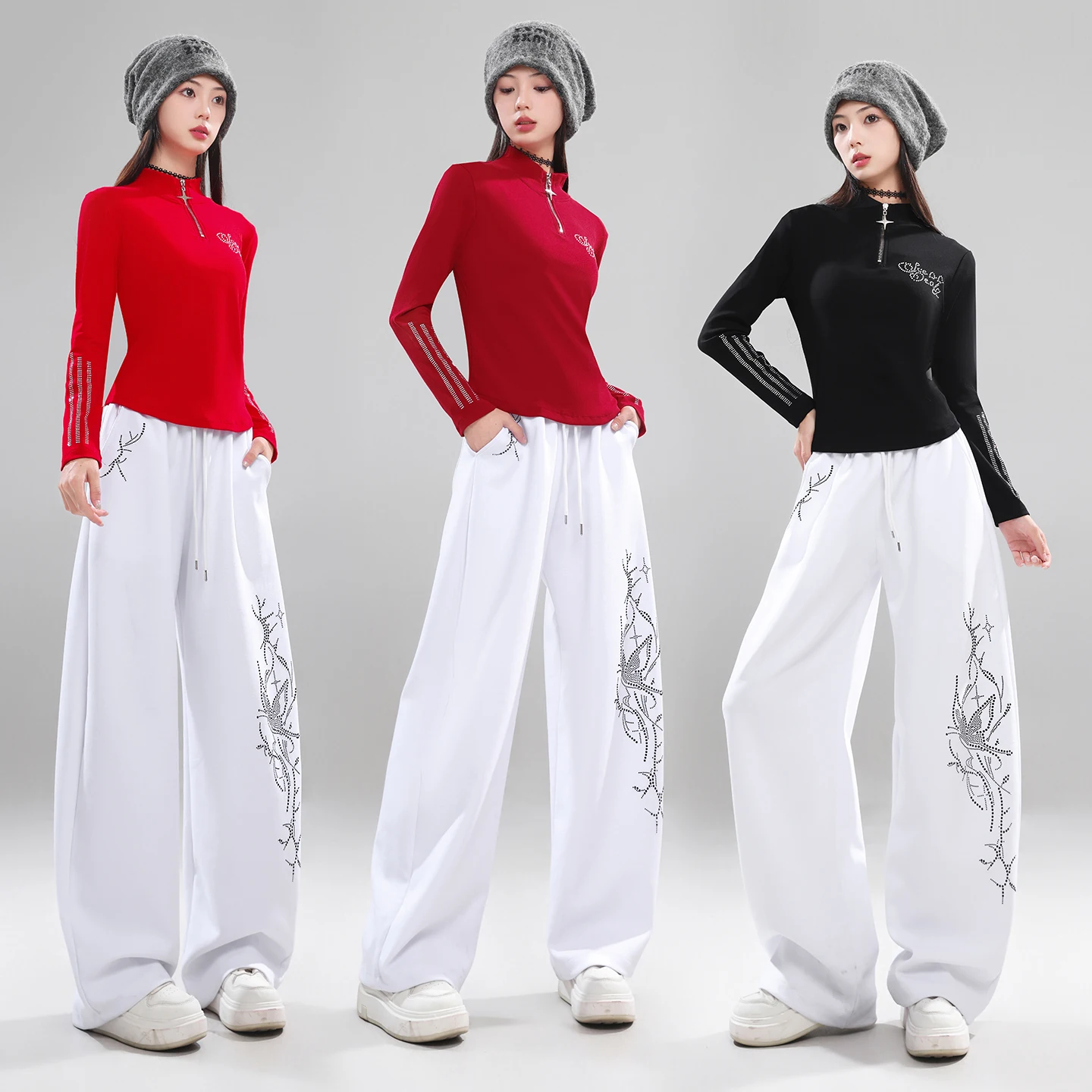 スクエアダンスアンサンブル-レディース-長袖-スタンドカラー-ワイドレッグパンツ-グループパフォーマンス衣装-綿ポリエステル素材
