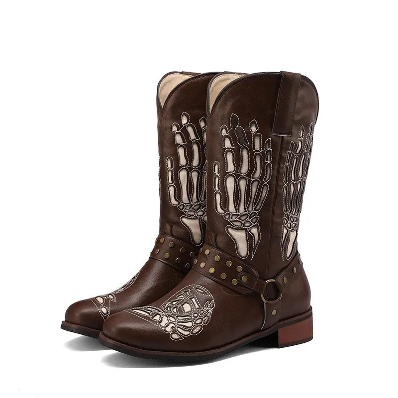 Colorblock Mid-Calf Western Cowboy Boots Hollow-Out Embroidery Belt Buckle Men Botines Round-Toe Slip-On Thick-Heel Women Botas
