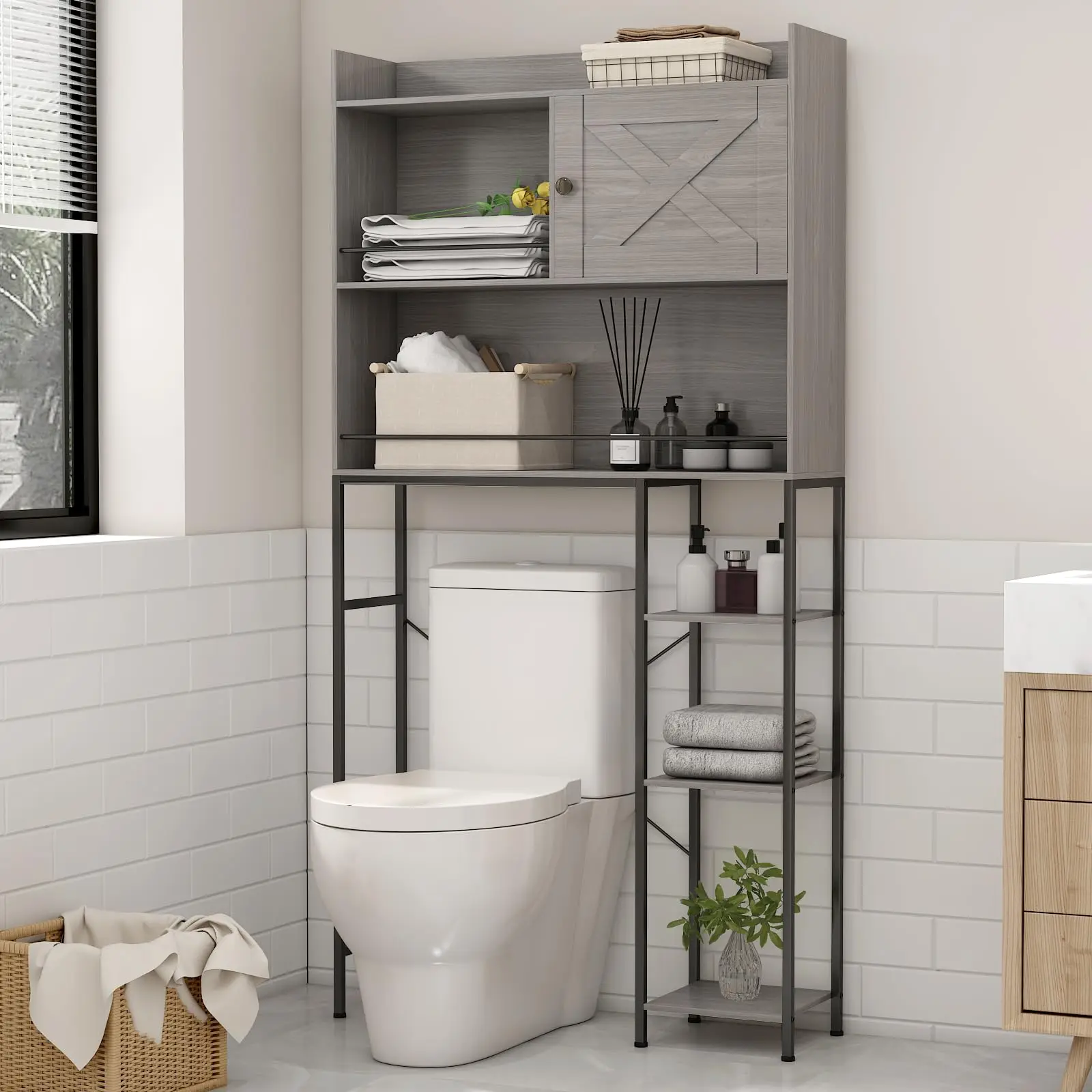 1 Pc Toilet Storage Cabinet Farmhouse Storage Cabinet Over Freestanding Space Saver Shelf Toilet Rack for Bathroom Laundry Grey