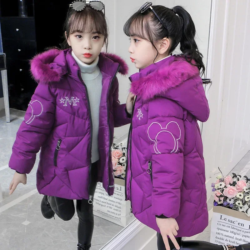 

2024 Winter Girls Jackets Warm Thicken Christmas Coat Autumn Fur Hooded Zipper Medium Long Outerwear Kids Clothes 3-12 Years