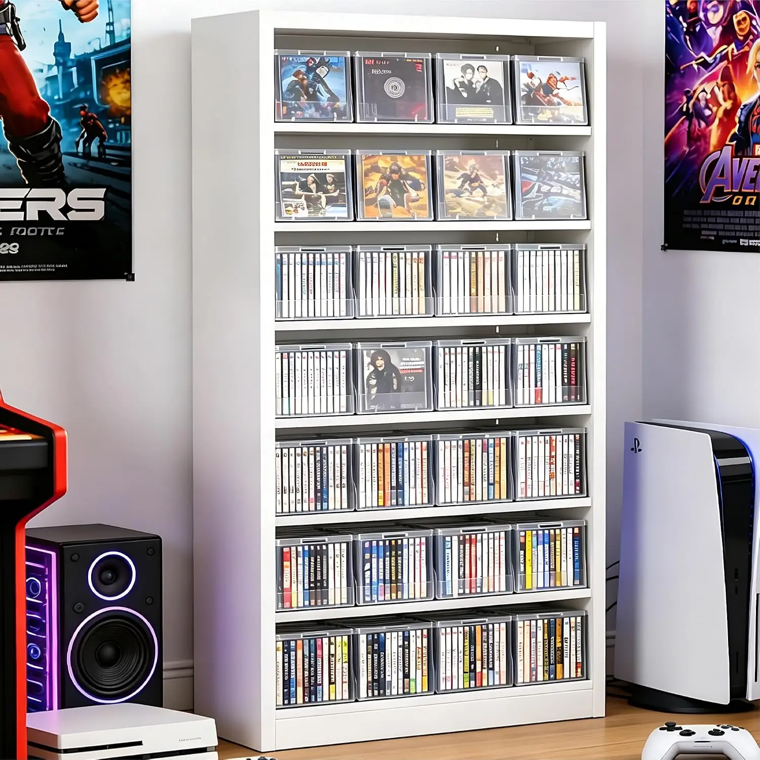 Metal 7-Tier CD DVD Storage Rack Adjustable Shelves Media Organizer for Movies Games Living Room Home Office White, Customized