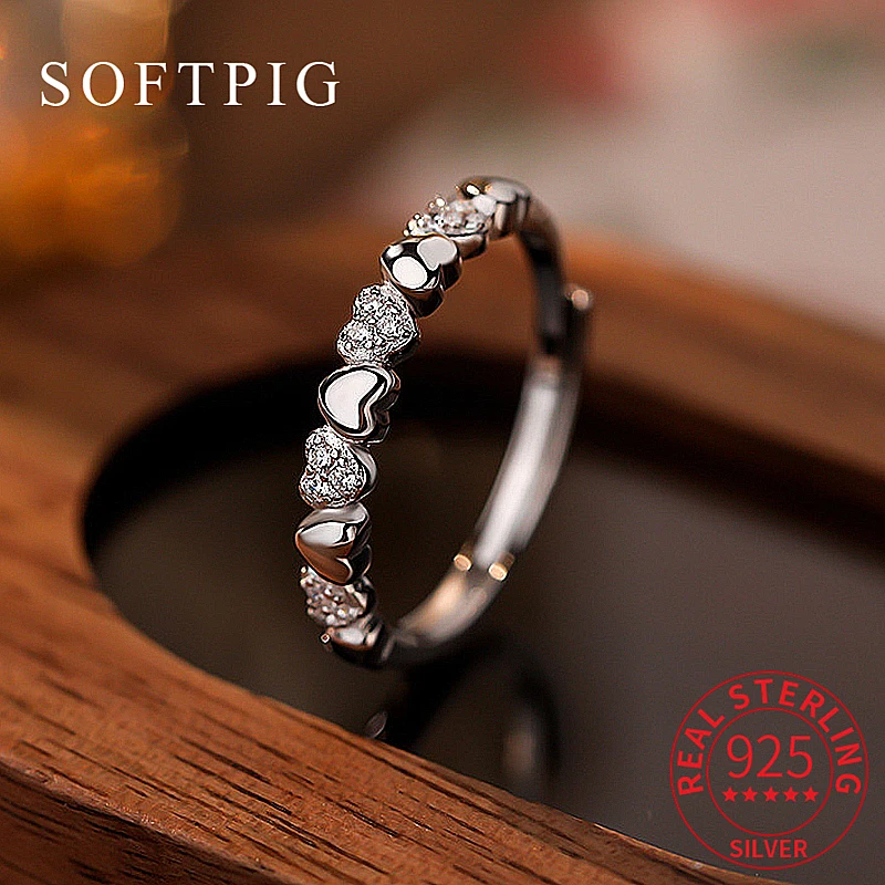 

SOFTPIG Real 925 Sterling Silver Zircon Heart Adjustable Ring for Charm Women Party Classic Fine Jewelry Geometric Accessories