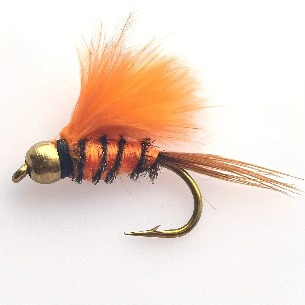 Leurres de pêche à la mouche, perles en laiton extra-larges, corps orange, idéal pour toutes les eaux, cible la truite et le bar, eau douce et eau salée