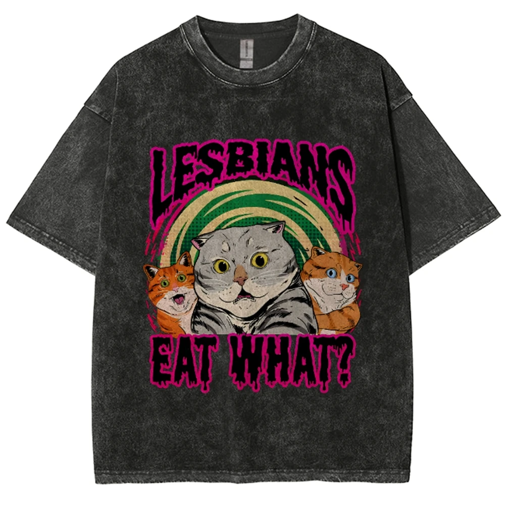 Lesbians Eat What Print High Street Oversized Washed shirt, Hip hop Streetwear Vintage Washed Short Tshirt For Men Women , Y2K