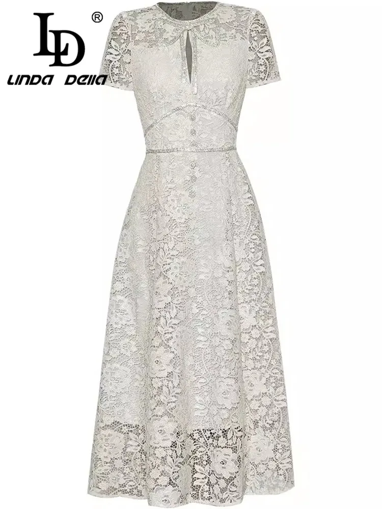 

LD LINDA DELLA Summer Women's Vintage Dress Lace Crystal Beading Hollow Out High Waiste Fashion Short Sleeve Dresses